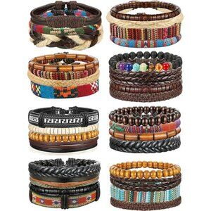 31 Pcs Braided Leather Bracelets for Men Women Wooden Beads Cool